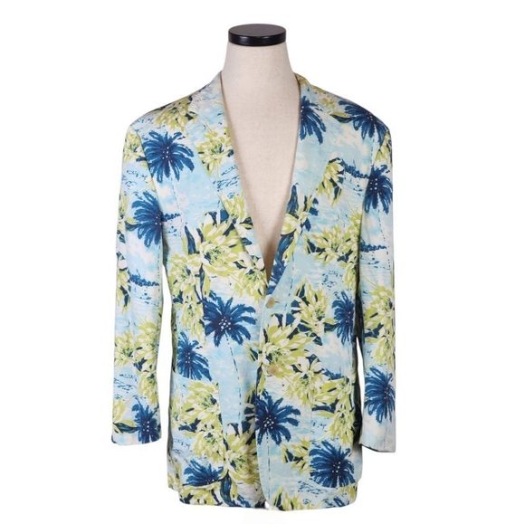 RARE Hugo Boss MASON-H Tropical Palm Blazer 42R Blue Green Floral Resort Jacket - Picture 1 of 13